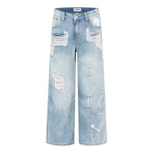Vintage Distressed Hole Jeans High Street Loose Straight Leg Wide Leg Pants, Casual Trousers
