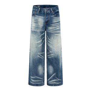 Vintage Washed Haze Blue Denim Pants Unisex  Style Edgy Design 3D Cat Whisker Wide Leg