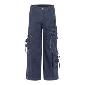 Style Spicy Girl Multi-Pocket Bow Drawstring Design Cargo Flared Jeans for Women